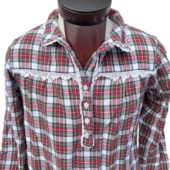 Sleep Sense Plaid Flannel Nightgown Lace Accent Modest Size Small Petite - Picture 2 of 7